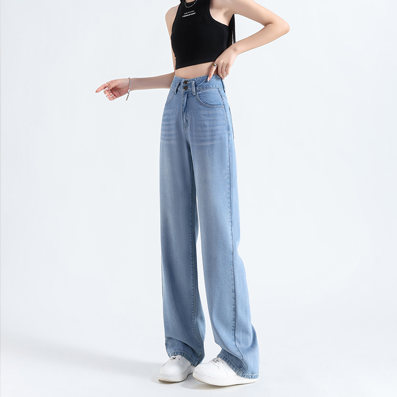 實拍天絲白色牛仔褲女夏季薄款高腰小個子顯瘦闊腿垂感拖地褲