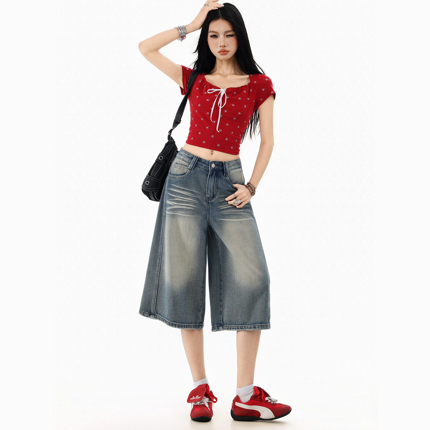 實拍美式復古闊腿牛仔褲女中褲2026年夏季寬松顯瘦小個子六分褲