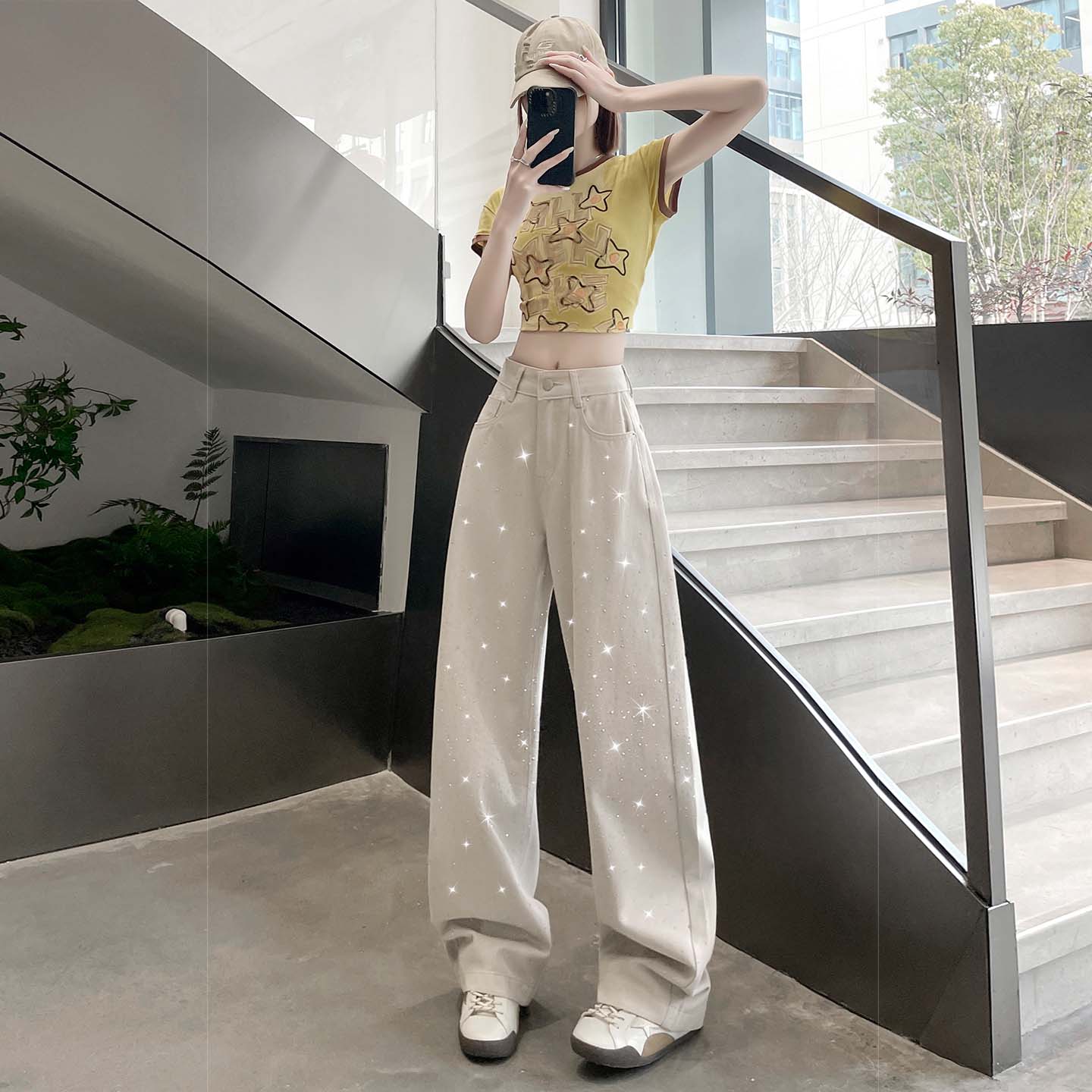 實拍滿天星燙鉆闊腿牛仔褲女春秋季新款高腰寬松設計感拖地褲子