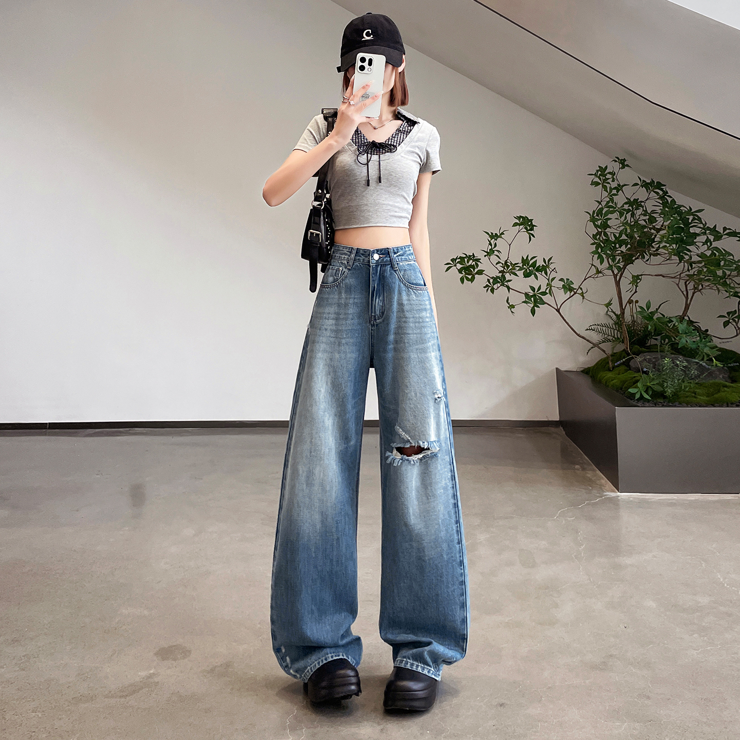 實拍復古破洞闊腿牛仔褲女2026春夏新款美式個性遮肉顯瘦直筒褲潮