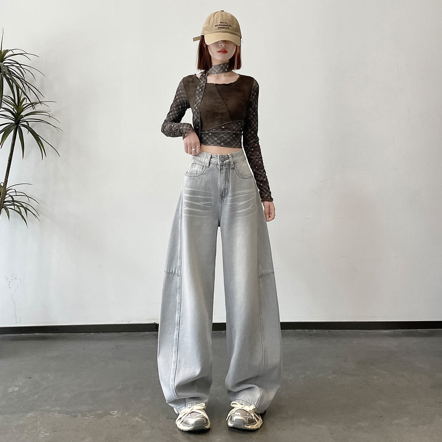 實拍美式闊腿彎刀牛仔褲女2026春夏新款高腰寬松顯瘦辣妹拖地褲子