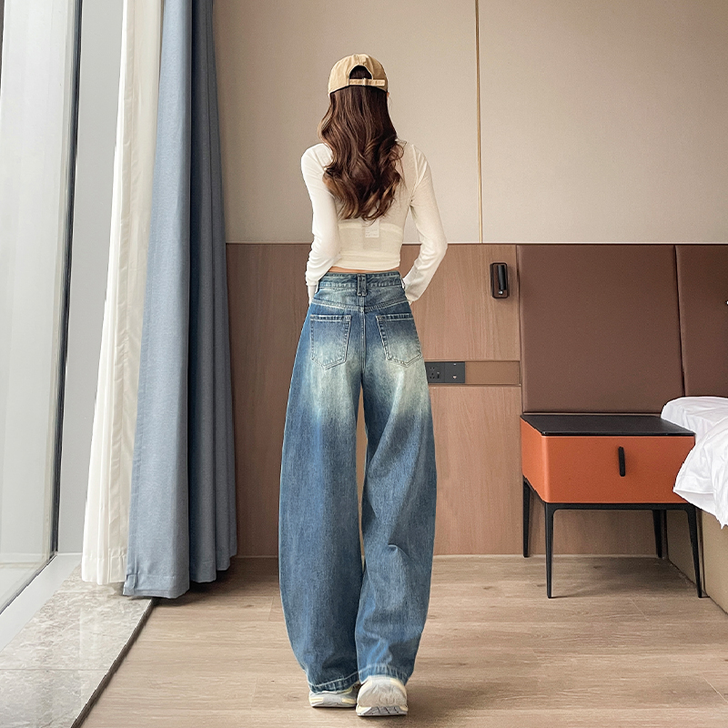 實拍破洞牛仔彎刀闊腿褲女春夏季新款高腰寬松休閑小個子直筒長褲
