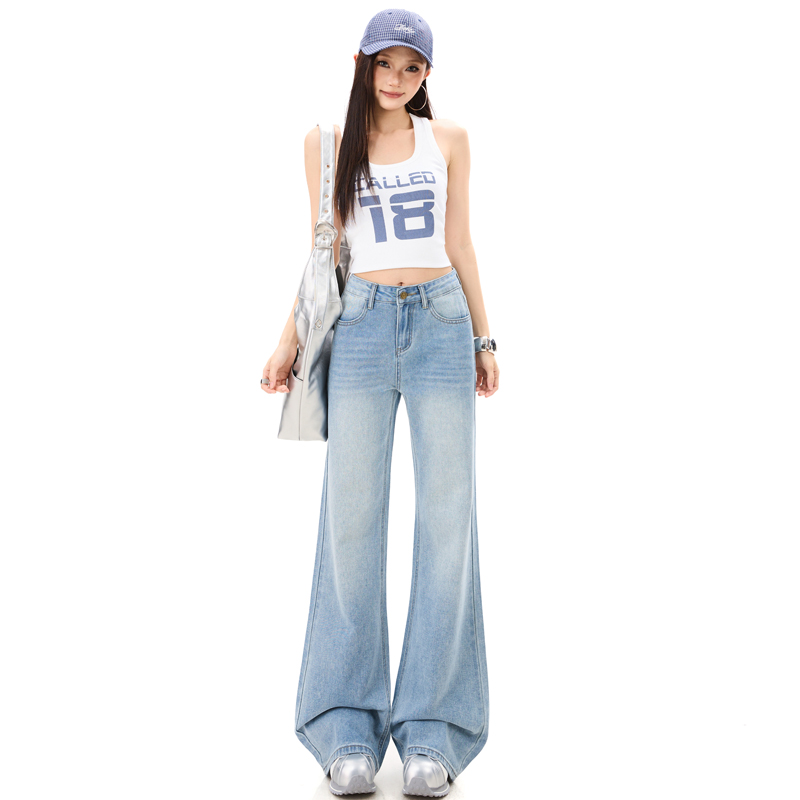 實拍淺藍色微喇牛仔褲女夏季2026新款設計感高腰不貼腿直筒喇叭褲