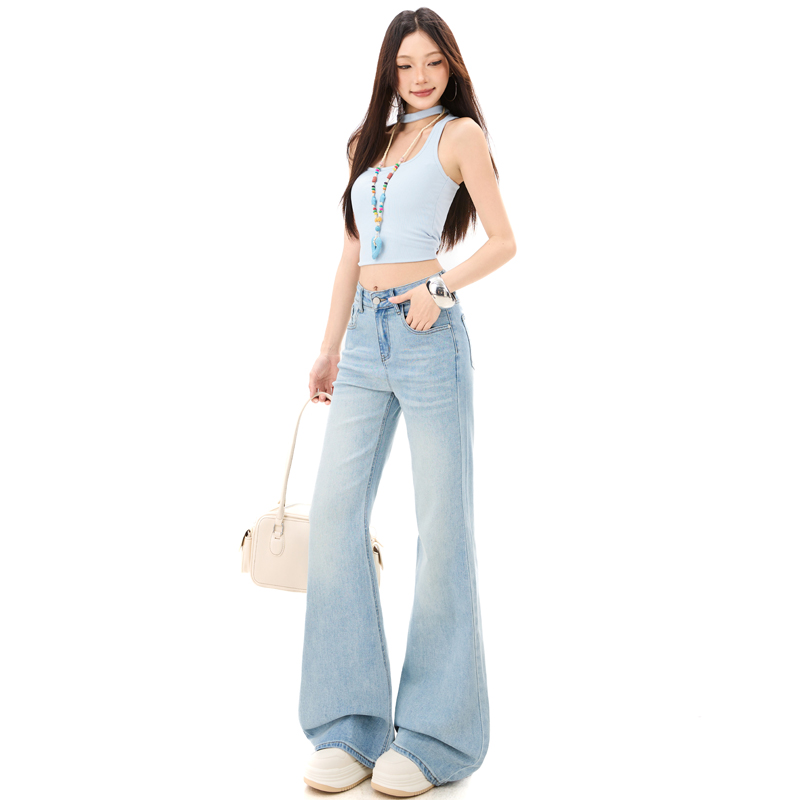 實拍淺藍色高腰微喇牛仔褲女2026年新款春夏季顯瘦設計感喇叭褲子