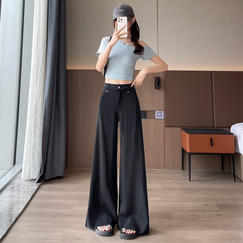實拍天絲闊腿軟牛仔褲女2026夏季薄款寬松梨型身材彈力冰絲拖地褲