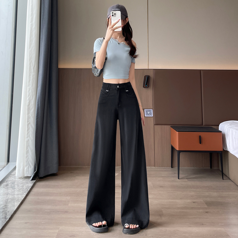 實拍天絲闊腿軟牛仔褲女2026夏季薄款寬松梨型身材彈力冰絲拖地褲