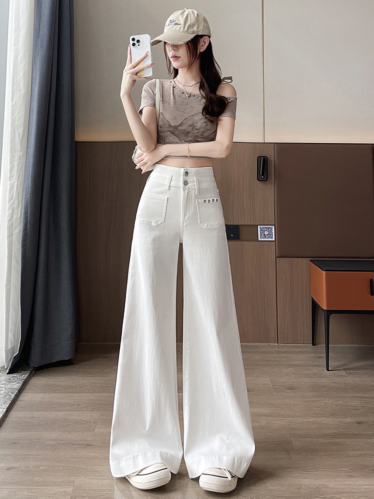 實拍萊賽爾天絲喇叭牛仔褲女夏季新款高腰垂感冰絲闊腿拖地褲子
