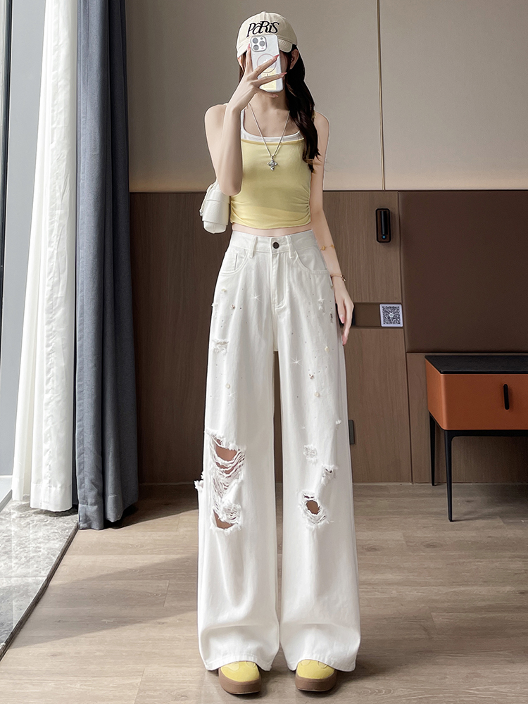 實拍白色破洞闊腿牛仔褲女2026年新款夏季薄款寬松爆款燙鉆直筒褲