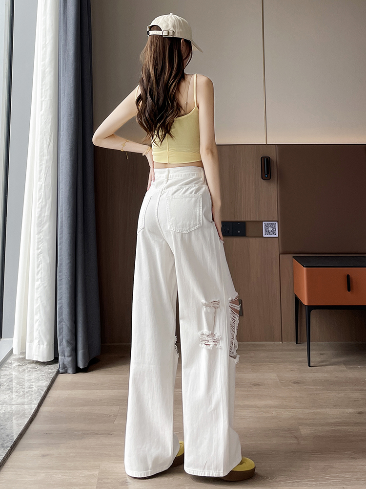 實拍白色破洞闊腿牛仔褲女2026年新款夏季薄款寬松爆款燙鉆直筒褲