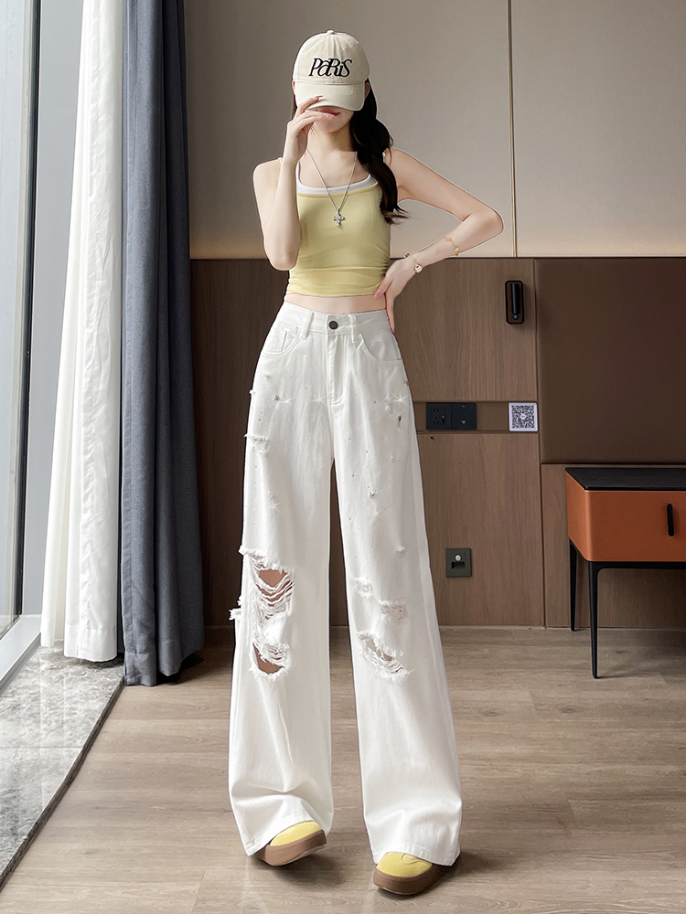 實拍白色破洞闊腿牛仔褲女2026年新款夏季薄款寬松爆款燙鉆直筒褲
