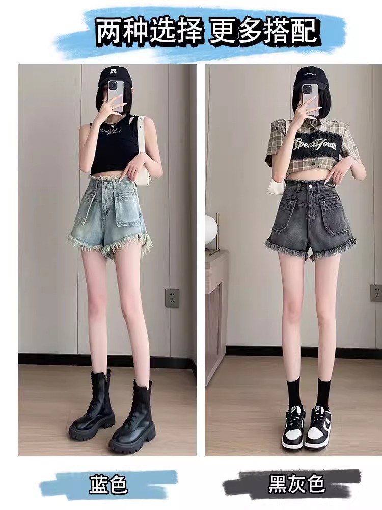 實拍牛仔短褲女夏季薄款新款高腰毛邊小個子a字辣妹寬松闊腿熱褲