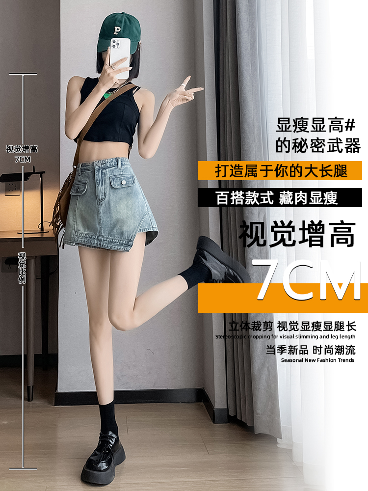 實拍復古牛仔短裙褲女夏季薄款高腰顯瘦設計感a字闊腿辣妹熱褲子