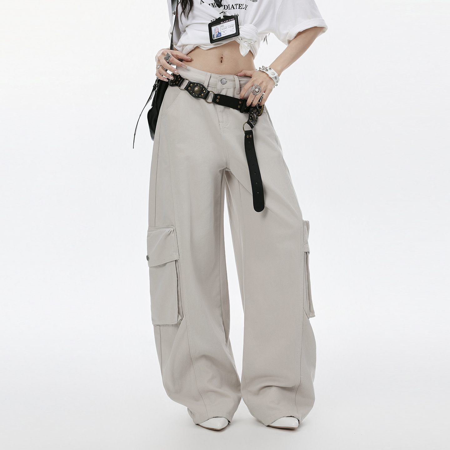 實拍巴黎灰炸街工裝牛仔褲女春夏新款辣妹寬松遮肉顯瘦彎刀闊腿褲