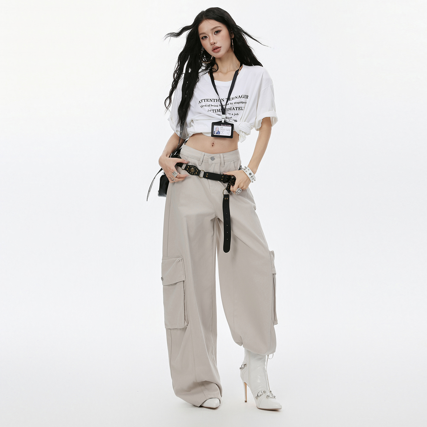 實拍巴黎灰炸街工裝牛仔褲女春夏新款辣妹寬松遮肉顯瘦彎刀闊腿褲