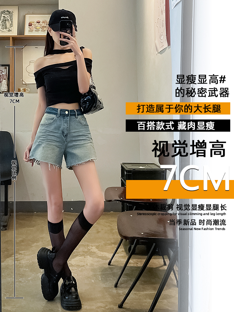 實拍辣妹牛仔短褲女夏季新款復古高腰顯瘦設計感寬松闊腿熱褲子
