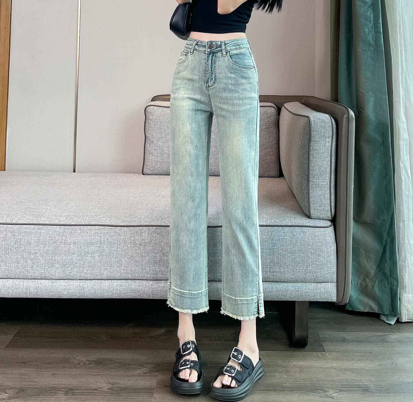 實拍米白色窄版煙管牛仔褲女2026夏薄款小個子毛邊流蘇開叉小直筒