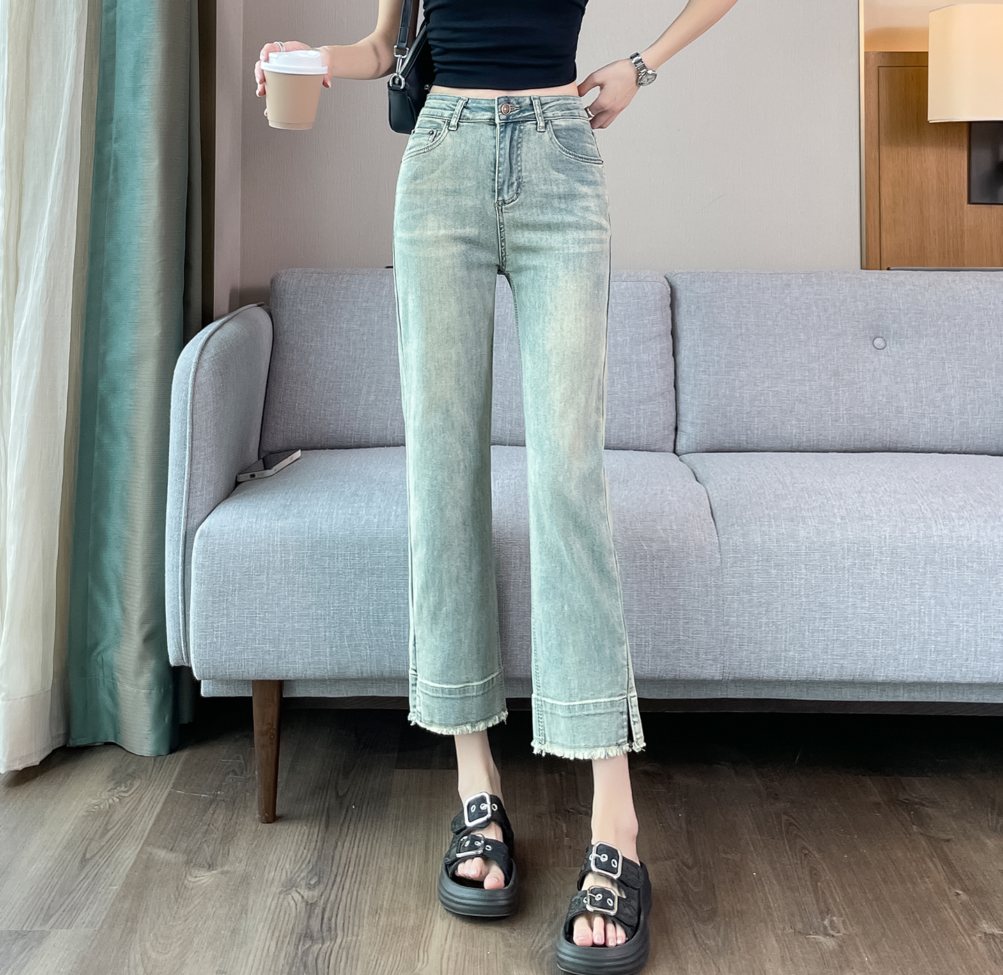 實拍米白色窄版煙管牛仔褲女2026夏薄款小個子毛邊流蘇開叉小直筒