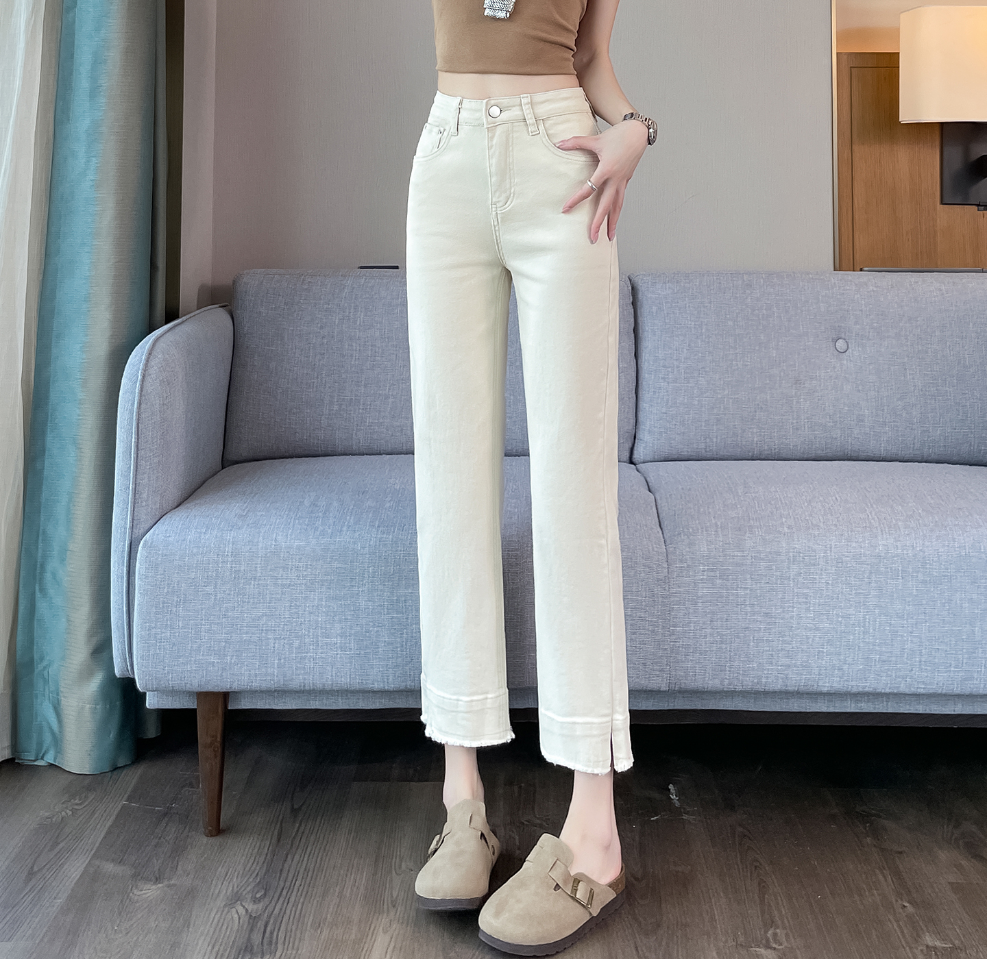 實拍米白色窄版煙管牛仔褲女2026夏薄款小個子毛邊流蘇開叉小直筒