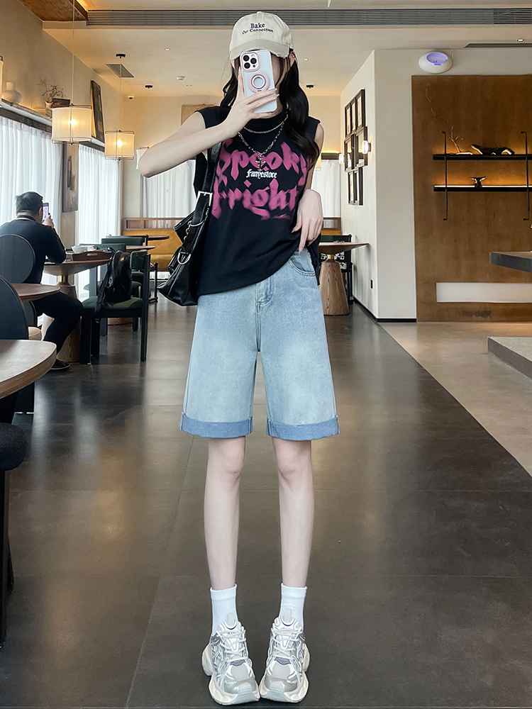 實拍淺藍色五分牛仔褲女夏季薄款2026新款高腰顯瘦卷邊直筒中褲子