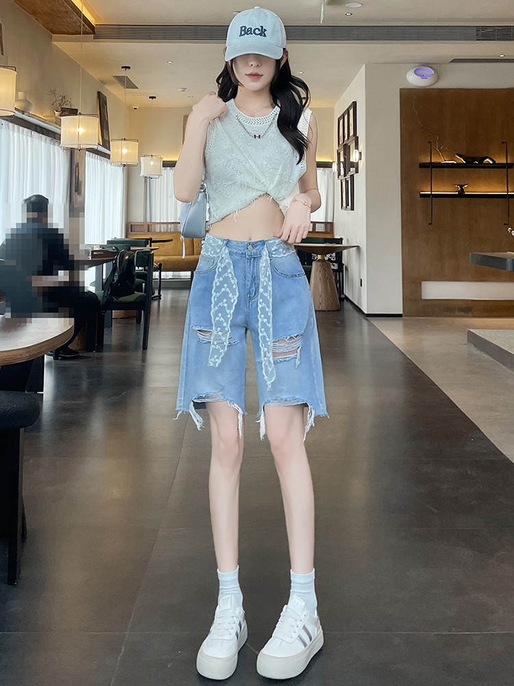 實拍淺藍色破洞牛仔褲女夏季薄款高腰顯瘦寬松設計感五分直筒褲子