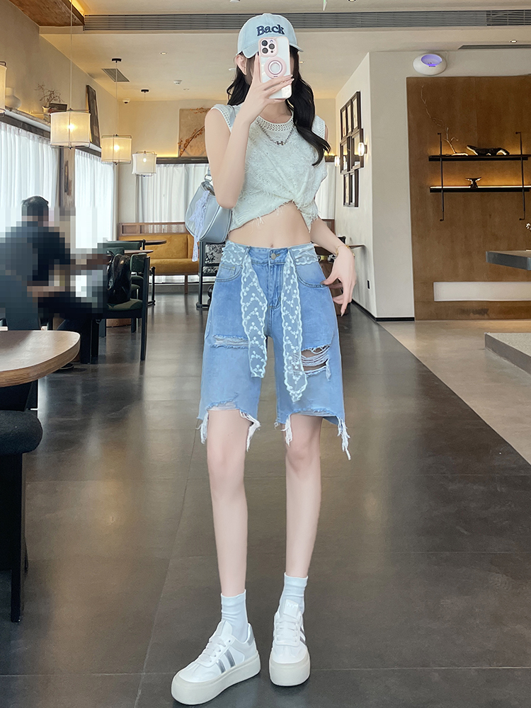 實拍淺藍色破洞牛仔褲女夏季薄款高腰顯瘦寬松設計感五分直筒褲子