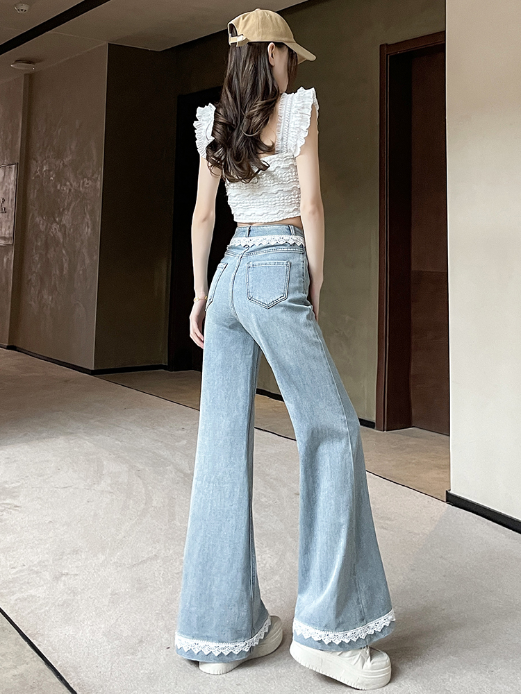 實拍淺藍色蕾絲花邊闊腿牛仔褲女2026夏季新款高腰顯瘦微喇拖地褲