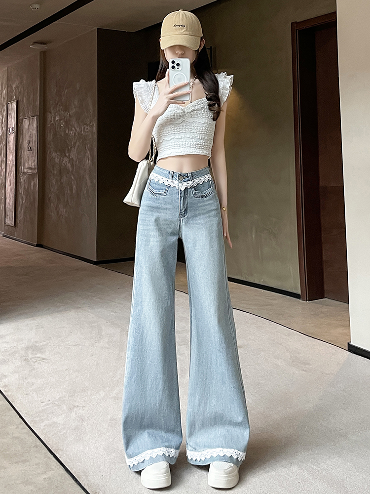 實拍淺藍色蕾絲花邊闊腿牛仔褲女2026夏季新款高腰顯瘦微喇拖地褲