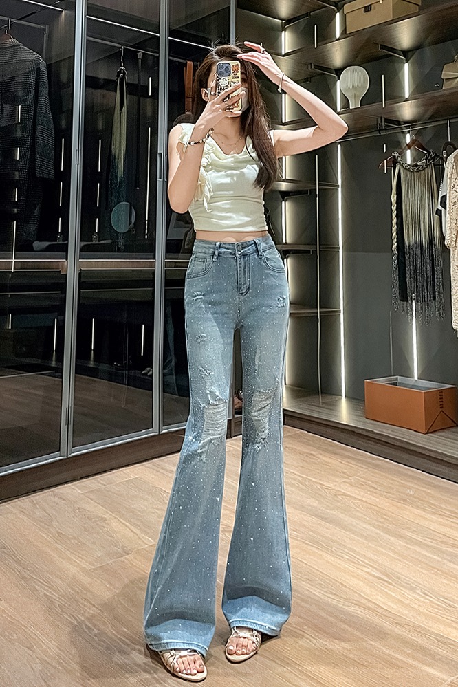 實拍閃鉆破洞喇叭牛仔褲女夏薄款2026新款寬松時尚純欲彈力拖地褲