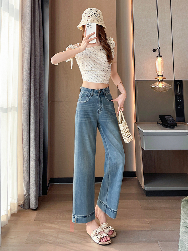 實拍淺色九分闊腿牛仔褲女2026夏新款小個子顯瘦高腰寬松直筒褲子