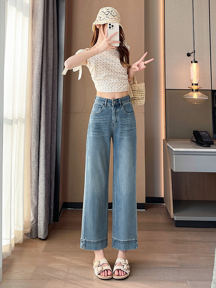 實拍淺色九分闊腿牛仔褲女2026夏新款小個子顯瘦高腰寬松直筒褲子