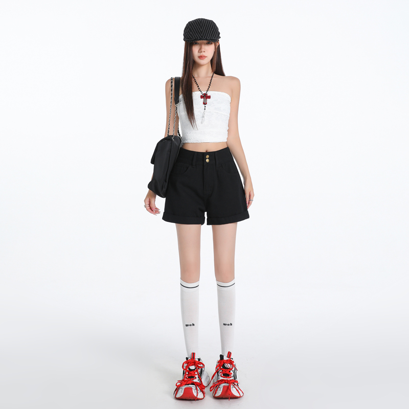 實拍牛仔短褲女2026夏季薄款翻邊梨形遮胯高腰寬松a字闊腿熱褲