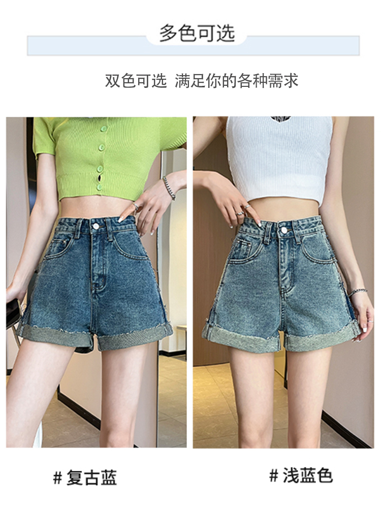 實拍辣妹闊腿牛仔短褲女夏季薄款高腰顯瘦設計感小個子卷邊熱褲