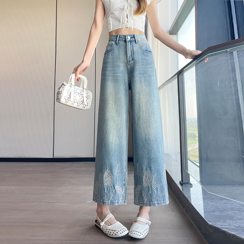 實拍刺繡九分闊腿牛仔褲女2026年新款夏季薄款高級寬松時髦直筒褲