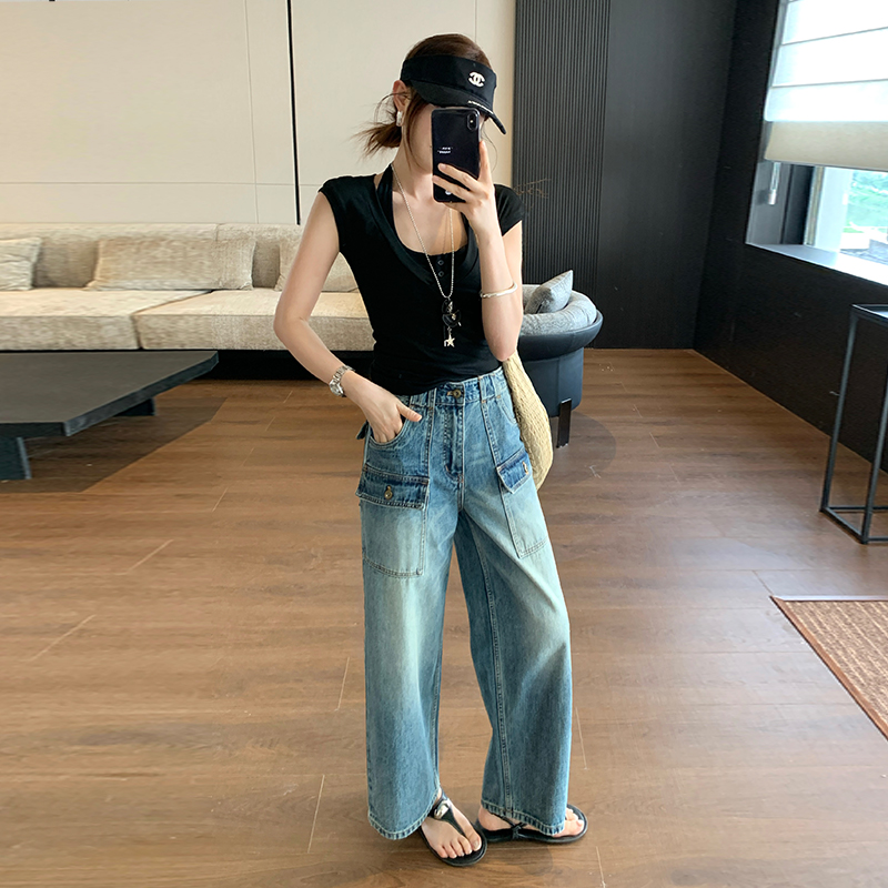 實拍高腰牛仔直筒褲女2026夏季新款口袋設計寬松a字闊腿熱褲