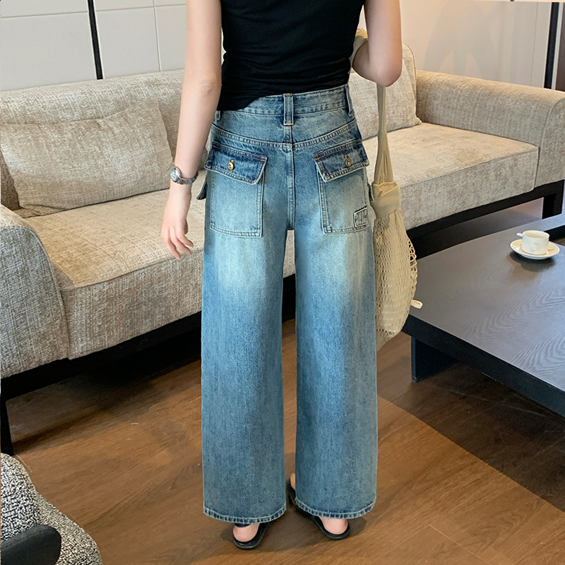 實拍高腰牛仔直筒褲女2026夏季新款口袋設計寬松a字闊腿熱褲
