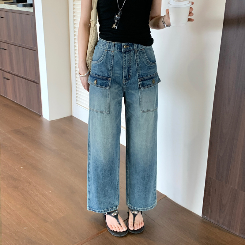 實拍高腰牛仔直筒褲女2026夏季新款口袋設計寬松a字闊腿熱褲