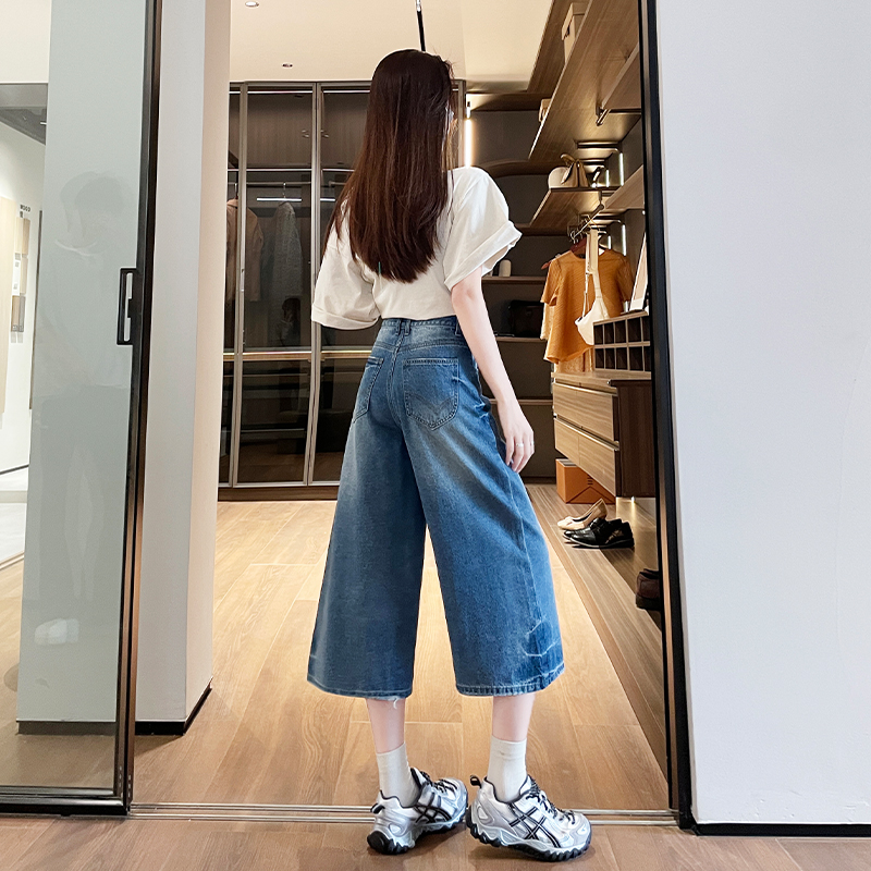 實拍小個子直筒褲2026夏季薄款寬松遮胯顯瘦高腰七分闊腿牛仔褲女