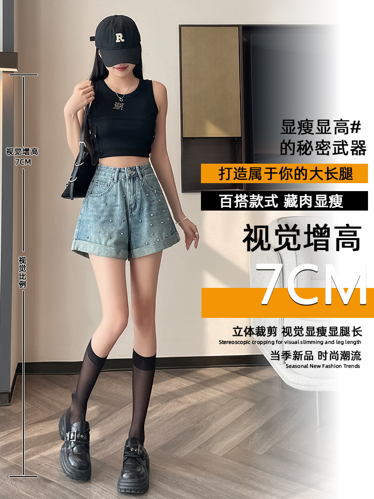 實拍復古藍牛仔短褲女夏季薄款新款高腰顯瘦設計感大碼闊腿熱褲子