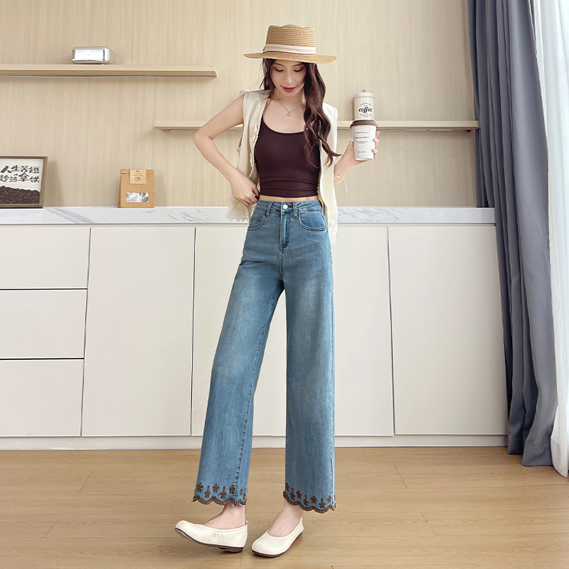 實拍刺繡新中式牛仔褲女2026夏季薄款設計感寬松九分闊腿潮褲子