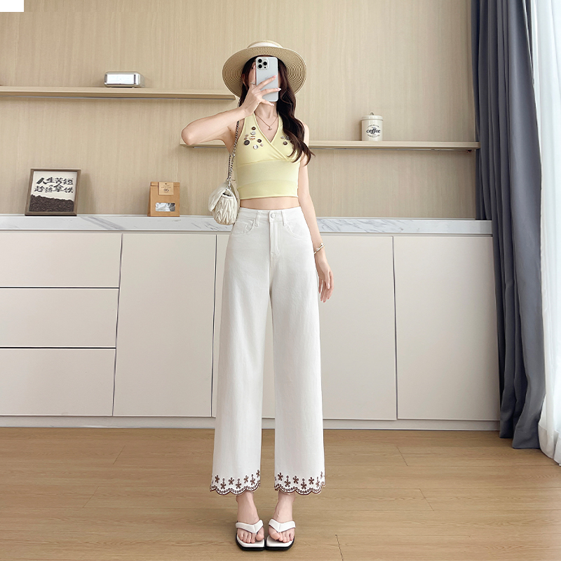實拍刺繡新中式牛仔褲女2026夏季薄款設計感寬松九分闊腿潮褲子