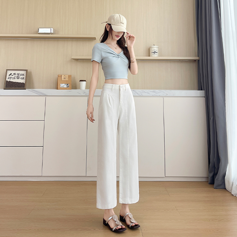 實拍小個子純棉窄版闊腿褲女2026新款夏季薄款韓版寬松休閑直筒褲