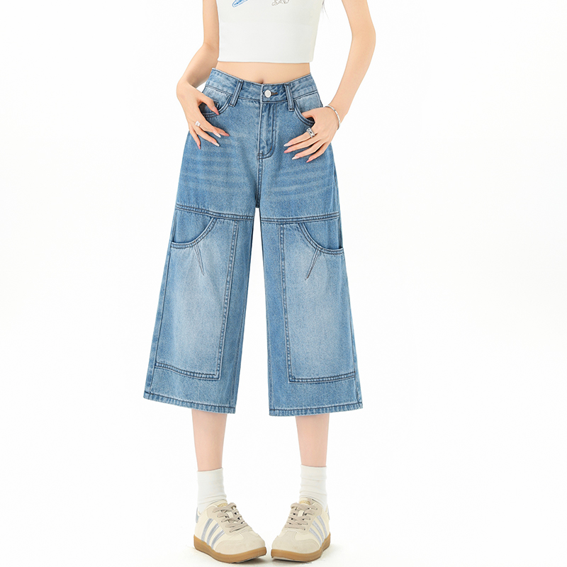 實拍美式復古藍工裝高腰闊腿牛仔褲女2026夏季新款寬松顯瘦七分褲