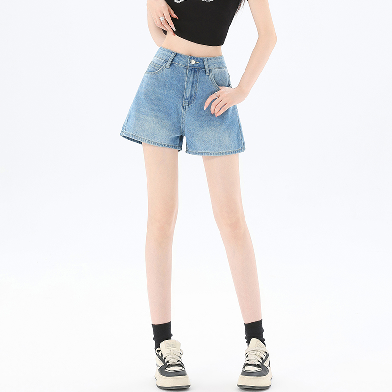 實拍藍色牛仔短褲女2026夏季新款高腰顯瘦寬松休閑a字闊腿熱褲子
