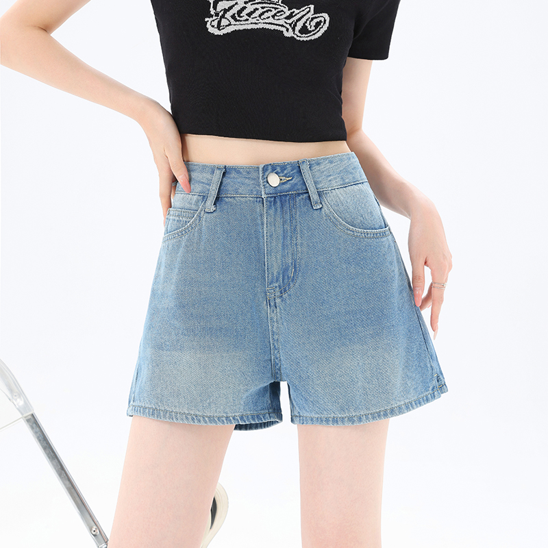 實拍藍色牛仔短褲女2026夏季新款高腰顯瘦寬松休閑a字闊腿熱褲子