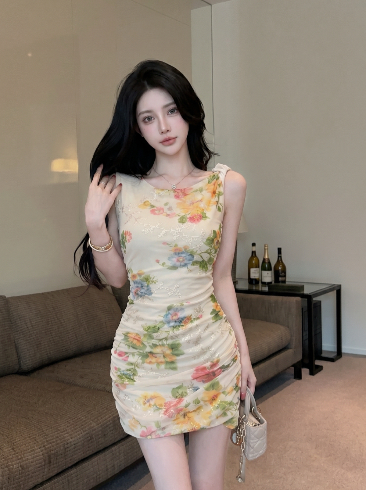 RY5912# 实拍 法式气质碎花修身斜肩连衣裙夏甜辣妹度假风包臀裙仙女裙...