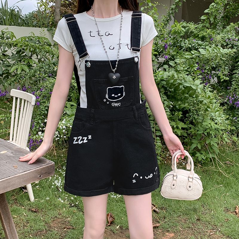 MY9174# 减龄印花背带裤女夏季设计感宽松百搭休闲连体短裤子女裝貨源服裝批發