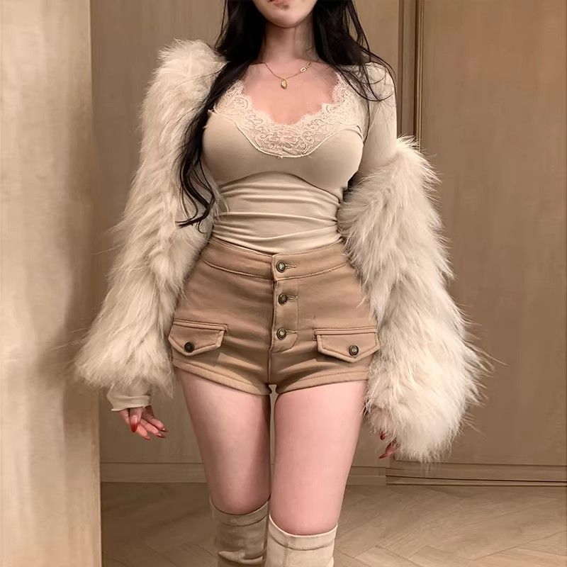 MY16880# 卡其色老钱风丰胯牛仔短裤女性感高腰热裤女裝貨源服裝批發