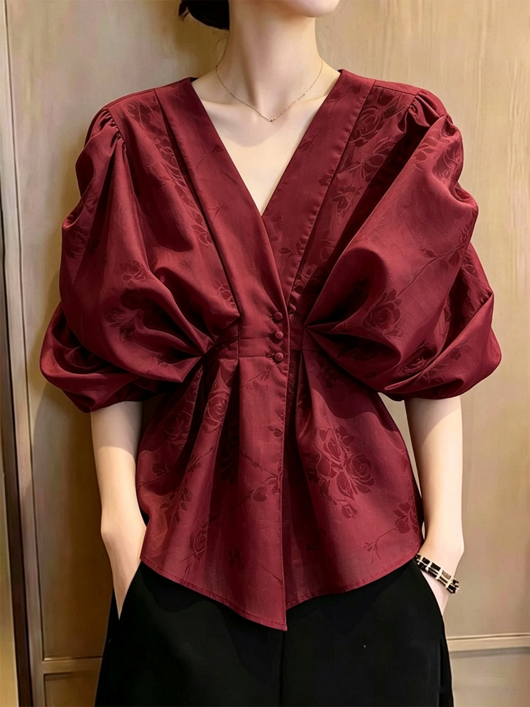 RY7212# 别致红色泡泡袖上衣女2026夏季新款收腰轻奢风衬衫超好看时...