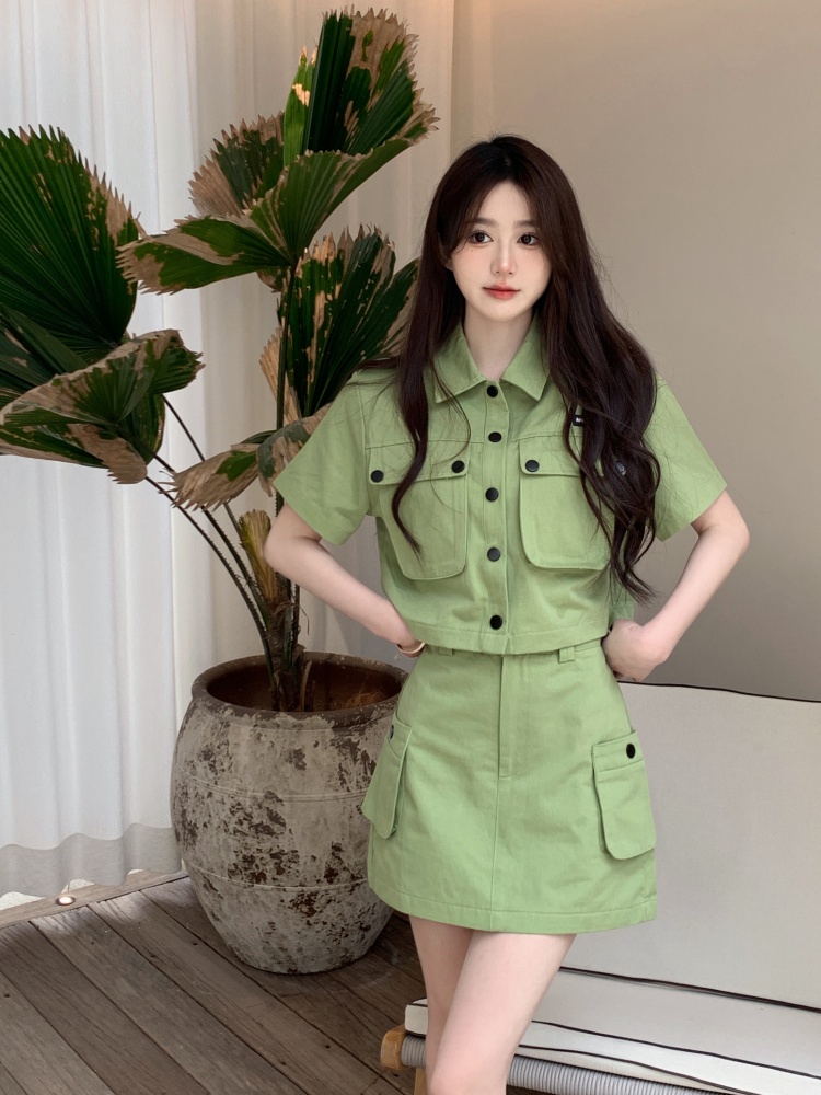 FA26132# 大码女装夏季新品Ins工装风辣妹绿色小清新修身套装 服裝批發女裝批發服飾貨源
