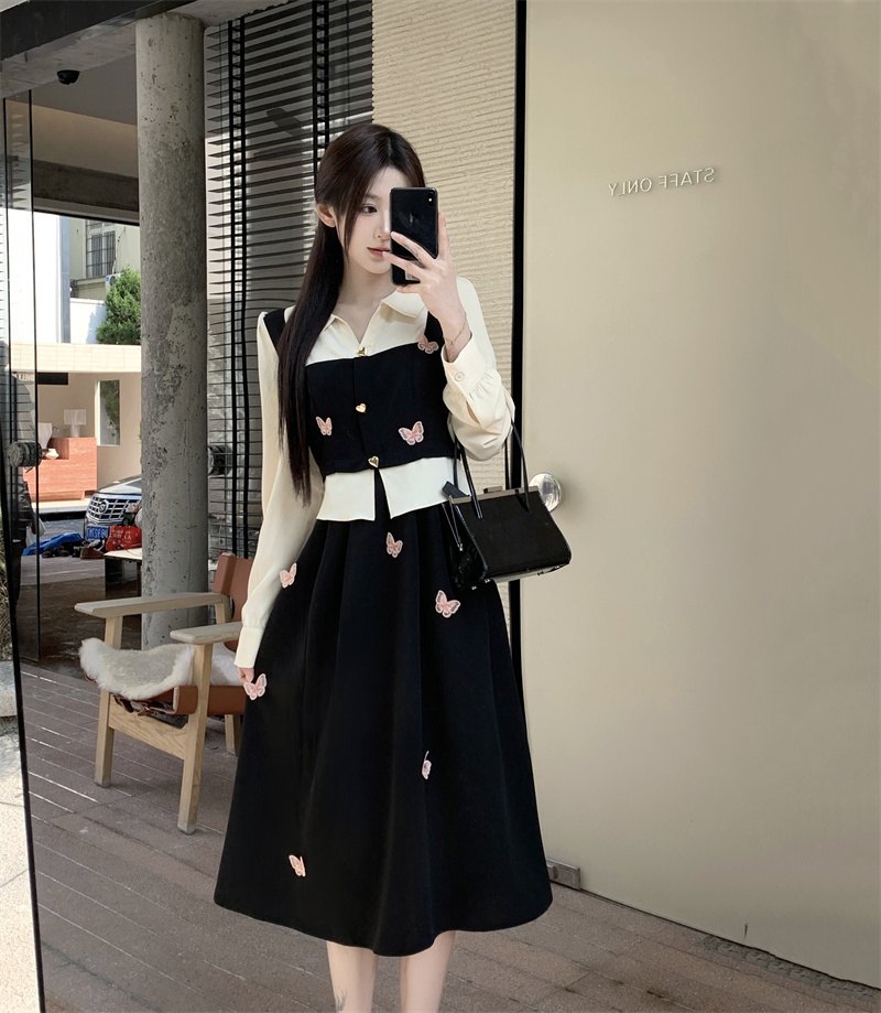 MY14656# 大码休闲通勤韩系假两件连衣裙胖mm蝴蝶花裙女裝貨源服裝批發